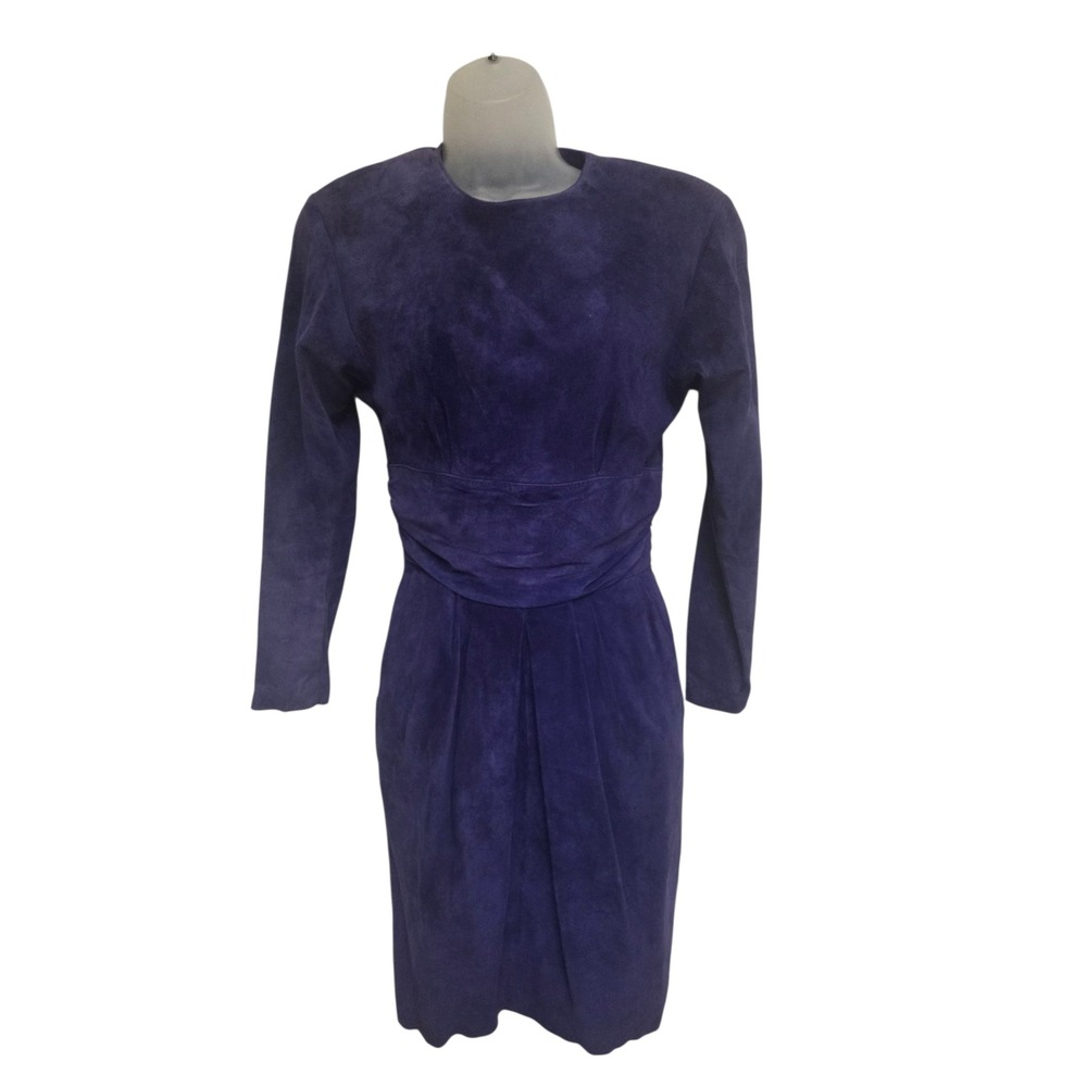 Vintage 80s Ambra Royal Purple Suede Dress Ruched Waist Long‎ Sleeve Sheath Sz 4